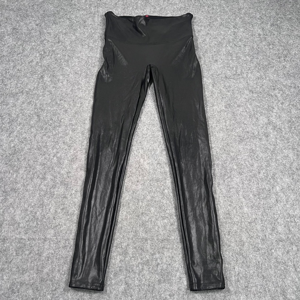 SPANX Black Faux Leather Coated High Rise Compression Leggings Women's Size S ?